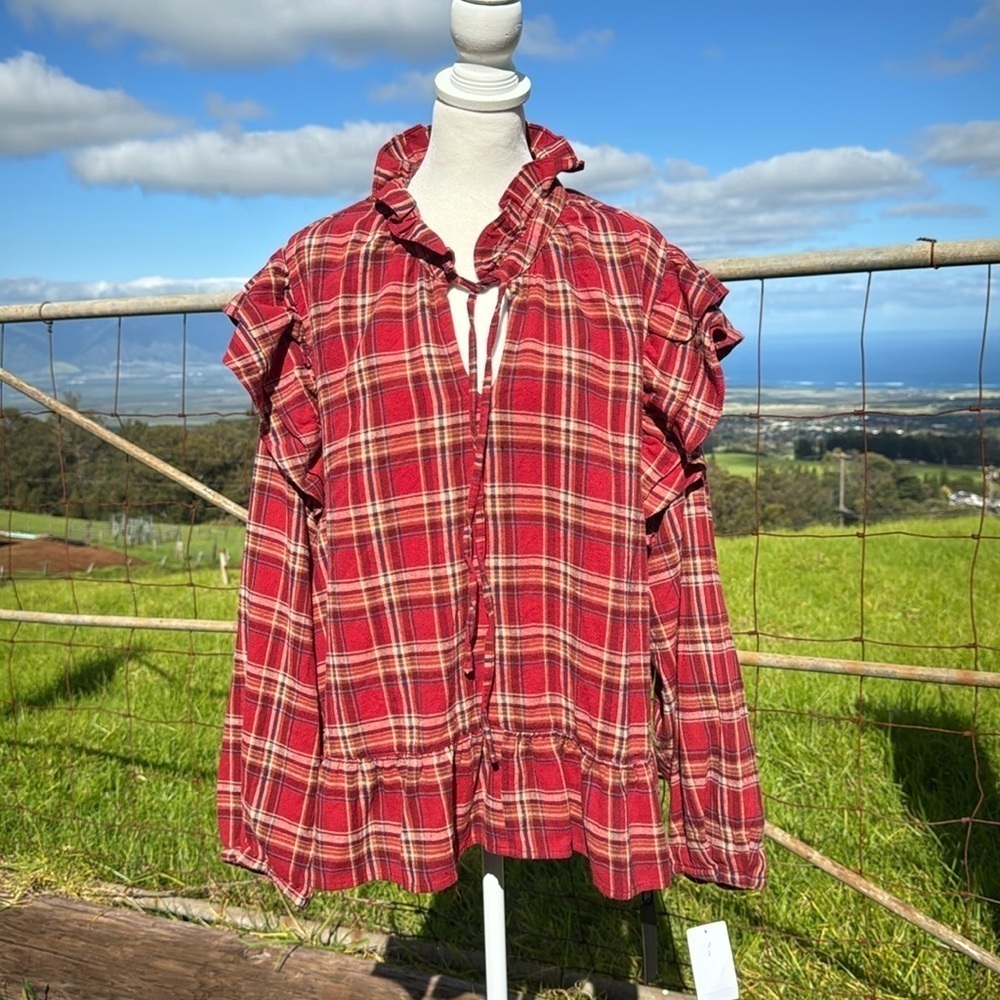 NWT Blank NYC Check That Out Top Plaid Flannel Ruffle Top 3X